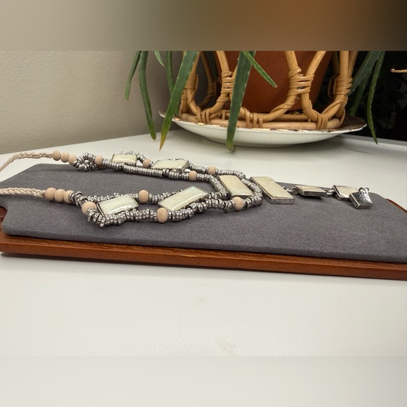 Free People Statement Necklace Shell Inlay Wood Bead Braided Cord Adjustable - Picture 4 of 9